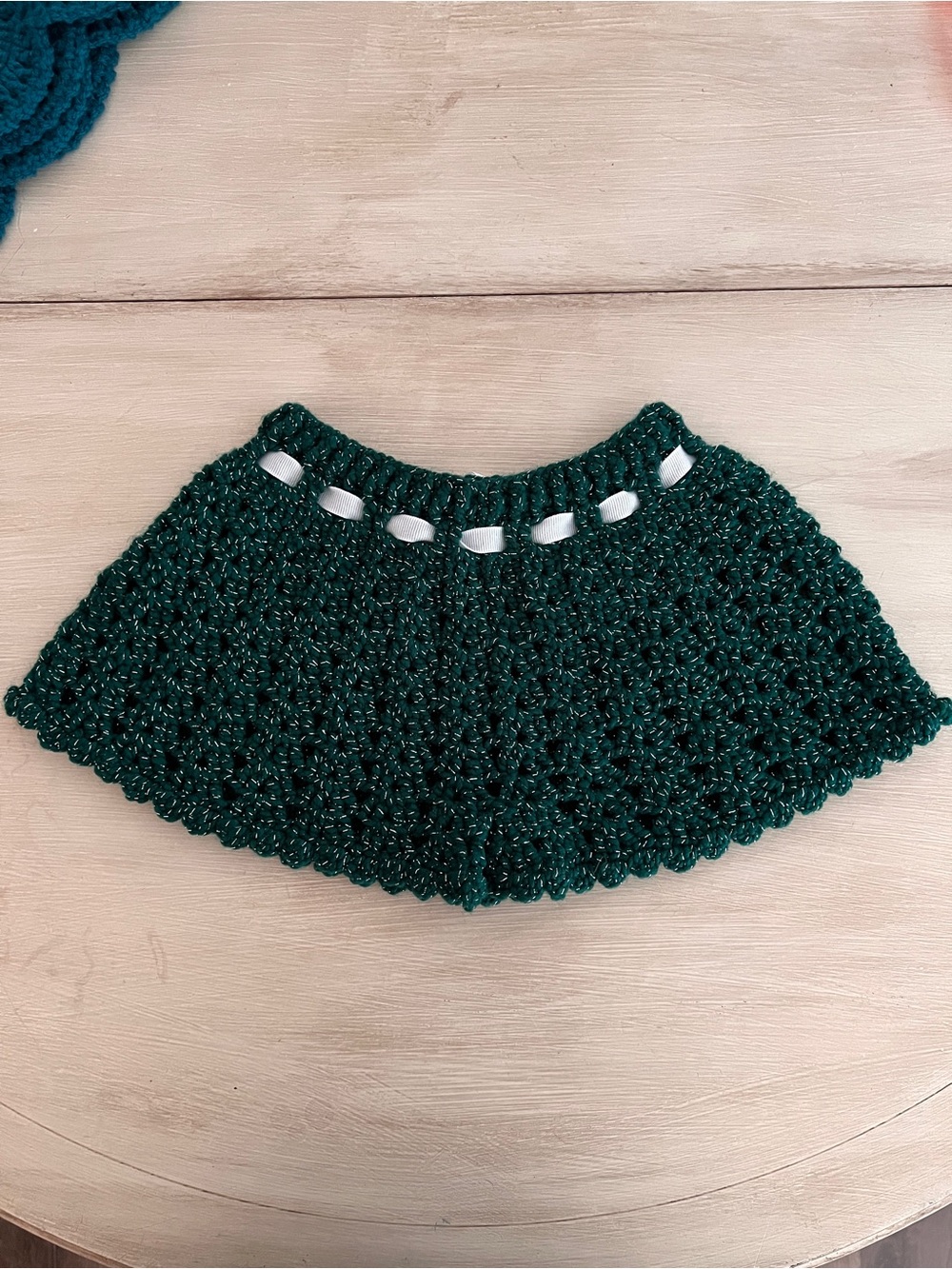 Hand-Crocheted Women’s Shorts in Deep Green with White Ribbon - Picture 2 of 6